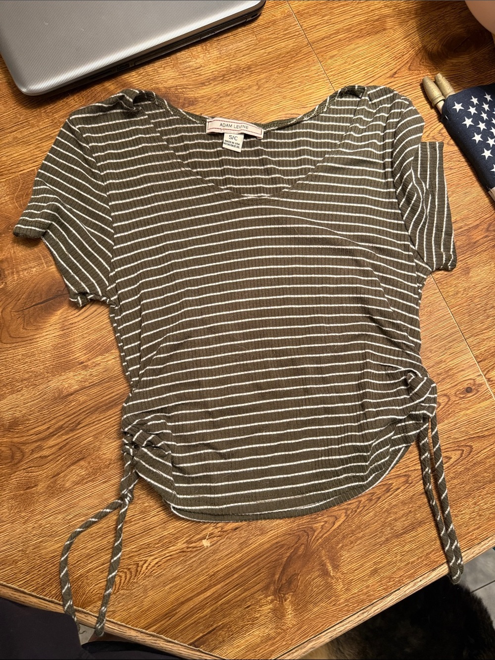 Adam Levine Collection Olive & White Striped Side-Tie Short Sleeve Crop
